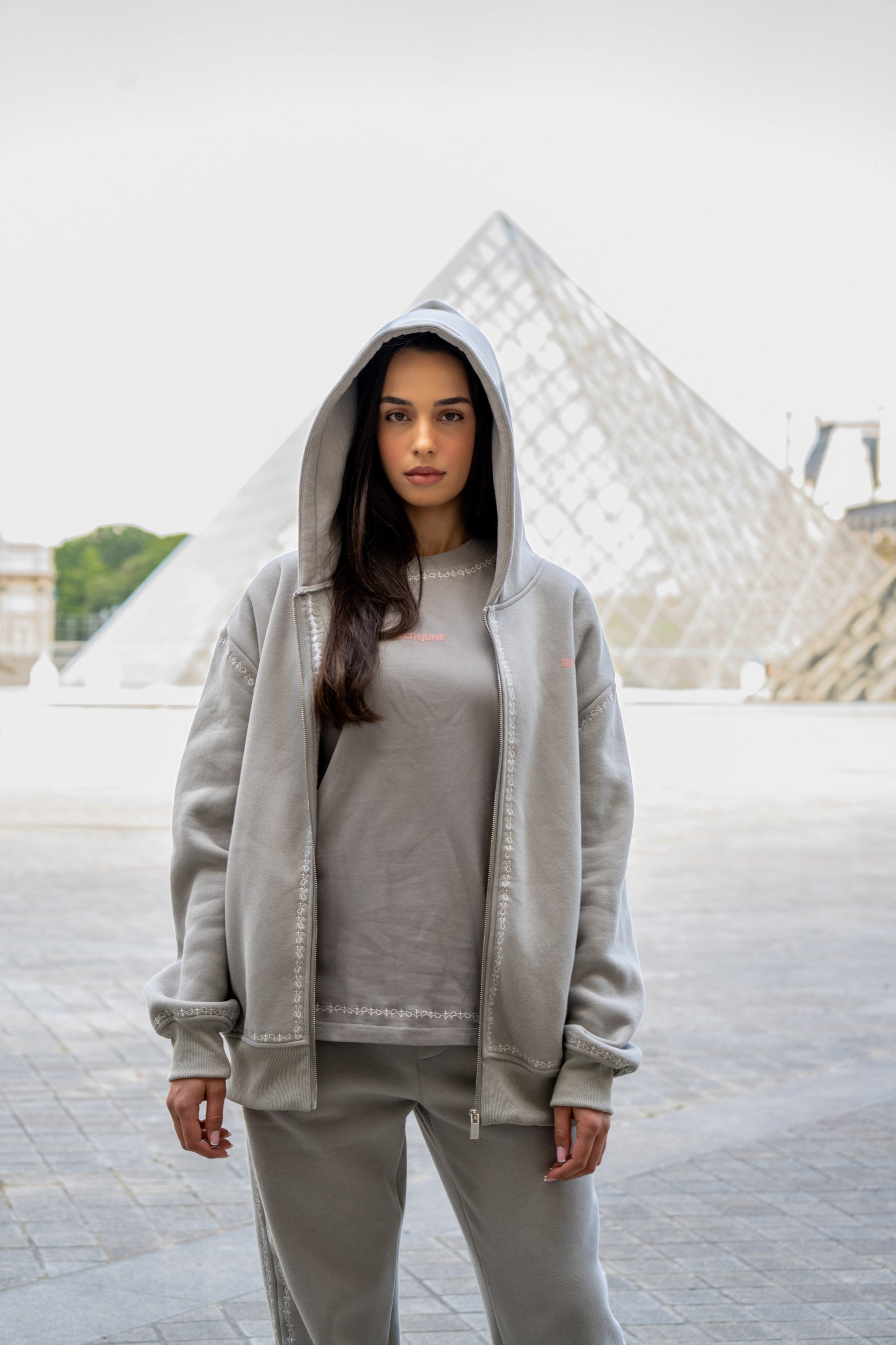 Hoodie Royal Beetle Print Embroidered Edges 25503-GREY