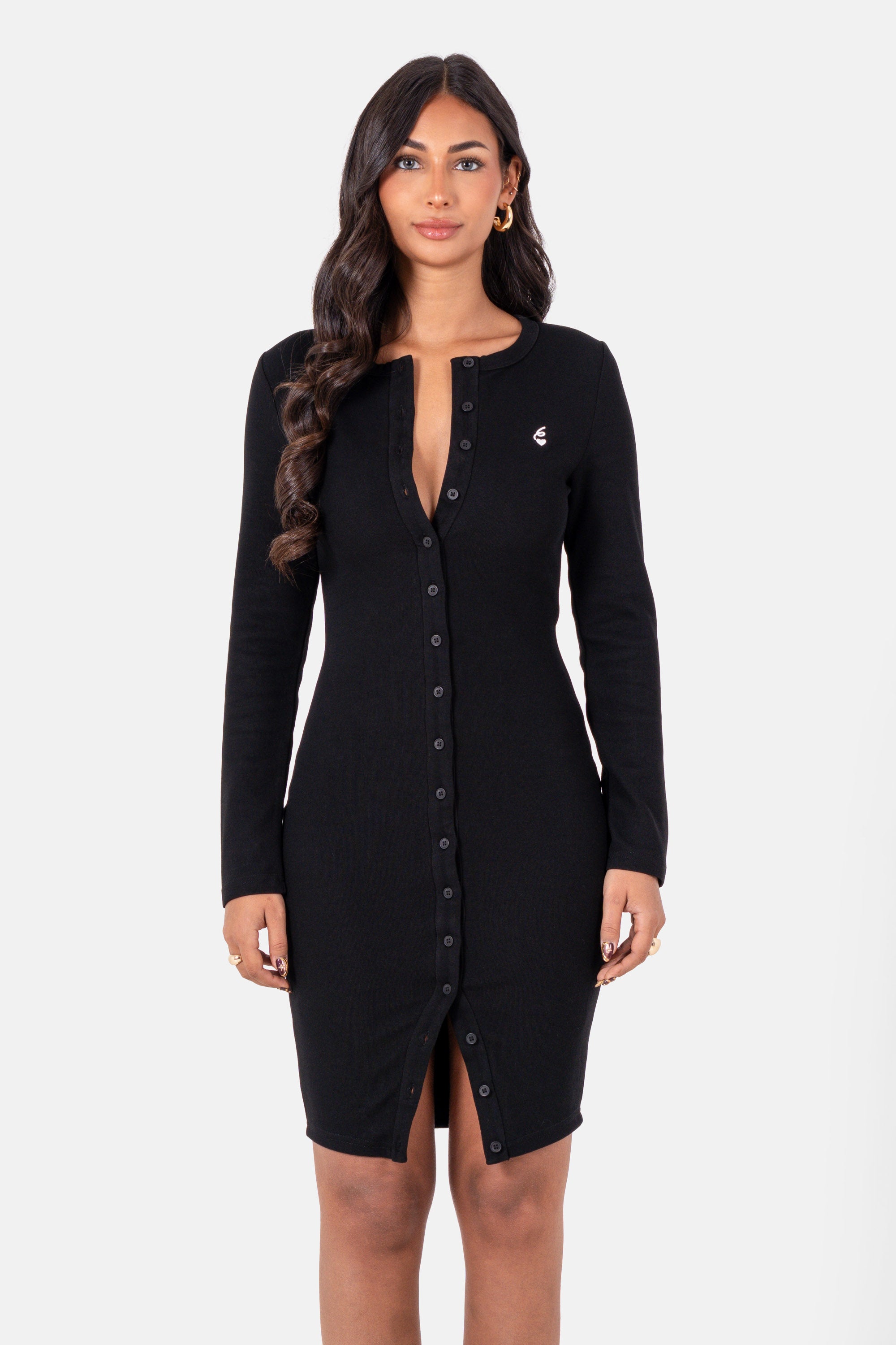 Sixth June Heart Embroidered Button Up ls Ribbed Dress 34644-BLAC