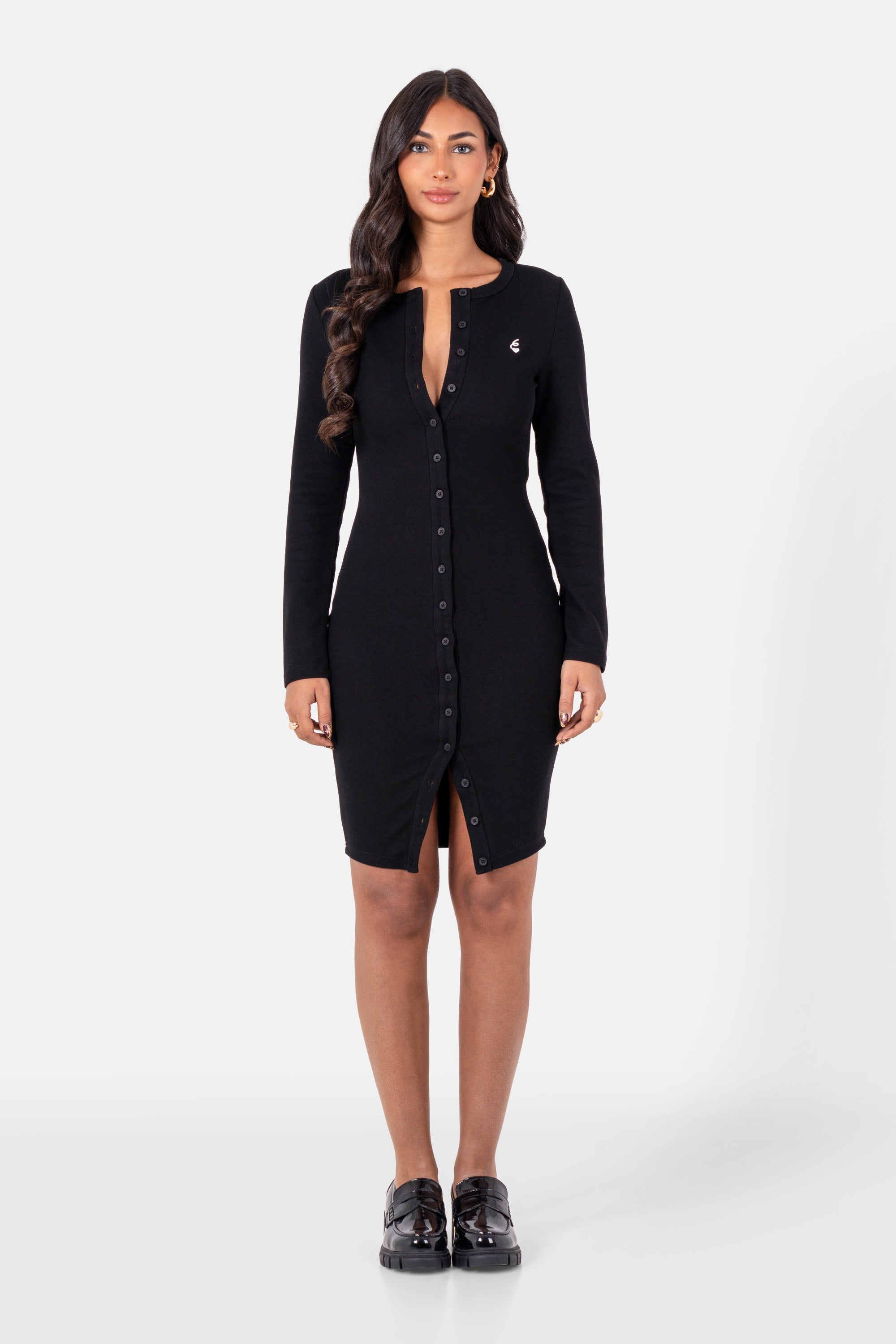 Sixth June Heart Embroidered Button Up ls Ribbed Dress 34644-BLAC