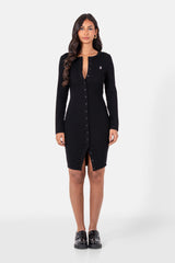 Sixth June Heart Embroidered Button Up ls Ribbed Dress 34644-BLAC