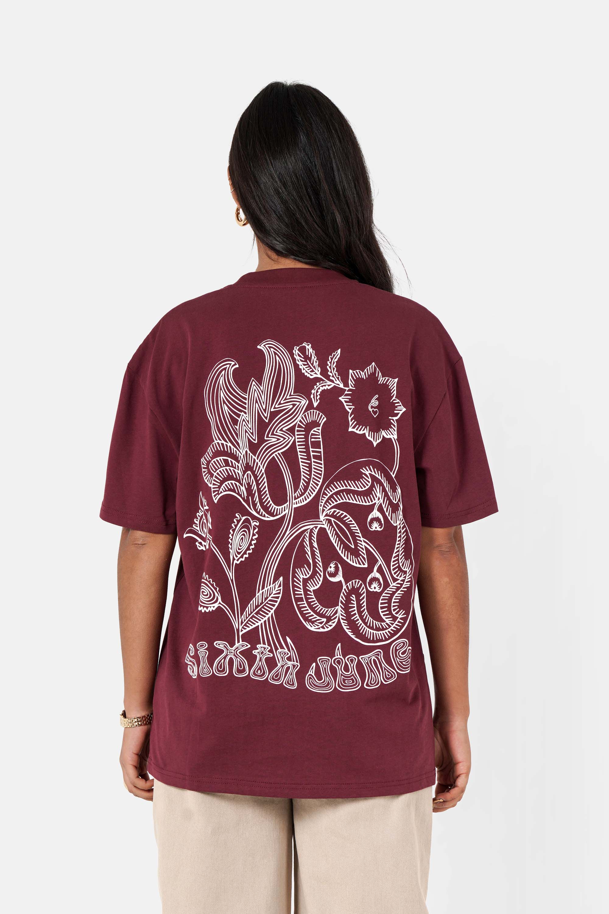 Jungle Flower Sixth June Print ss Tshirt  12977-BURG