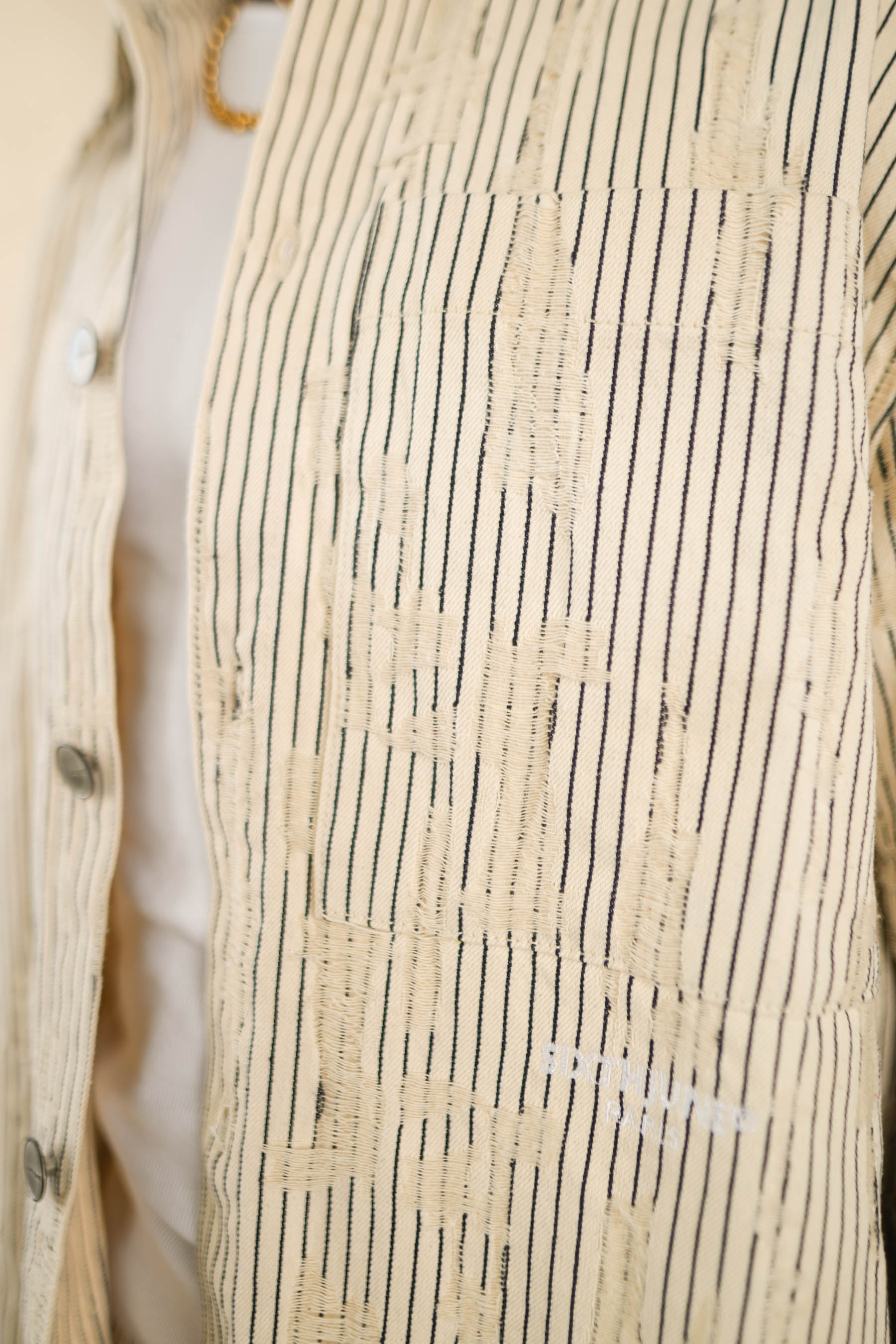 Oversize Stripes Denim Distressed Shirt 25986-BEIG