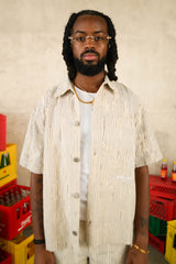 Oversize Stripes Denim Distressed Shirt 25986-BEIG