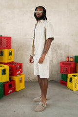 Oversize Stripes Denim Distressed Shirt 25986-BEIG