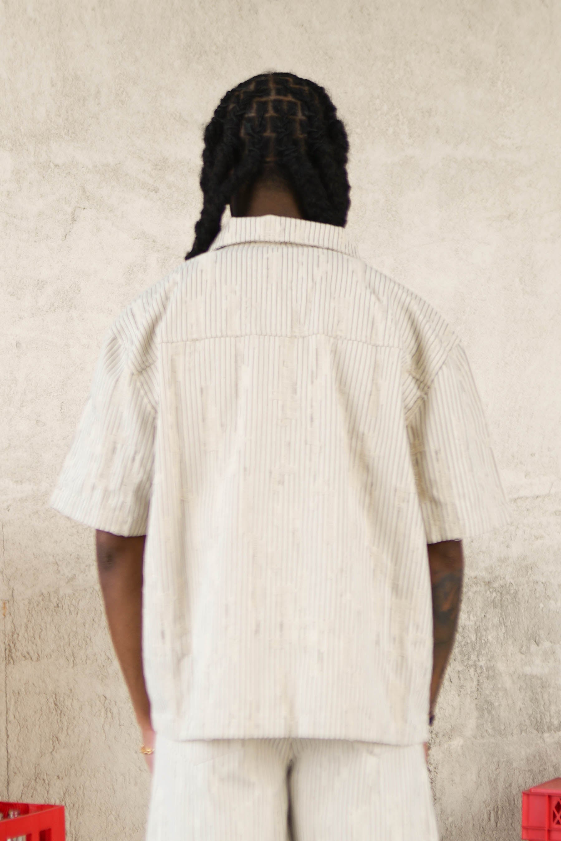 Oversize Stripes Denim Distressed Shirt 25986-BEIG