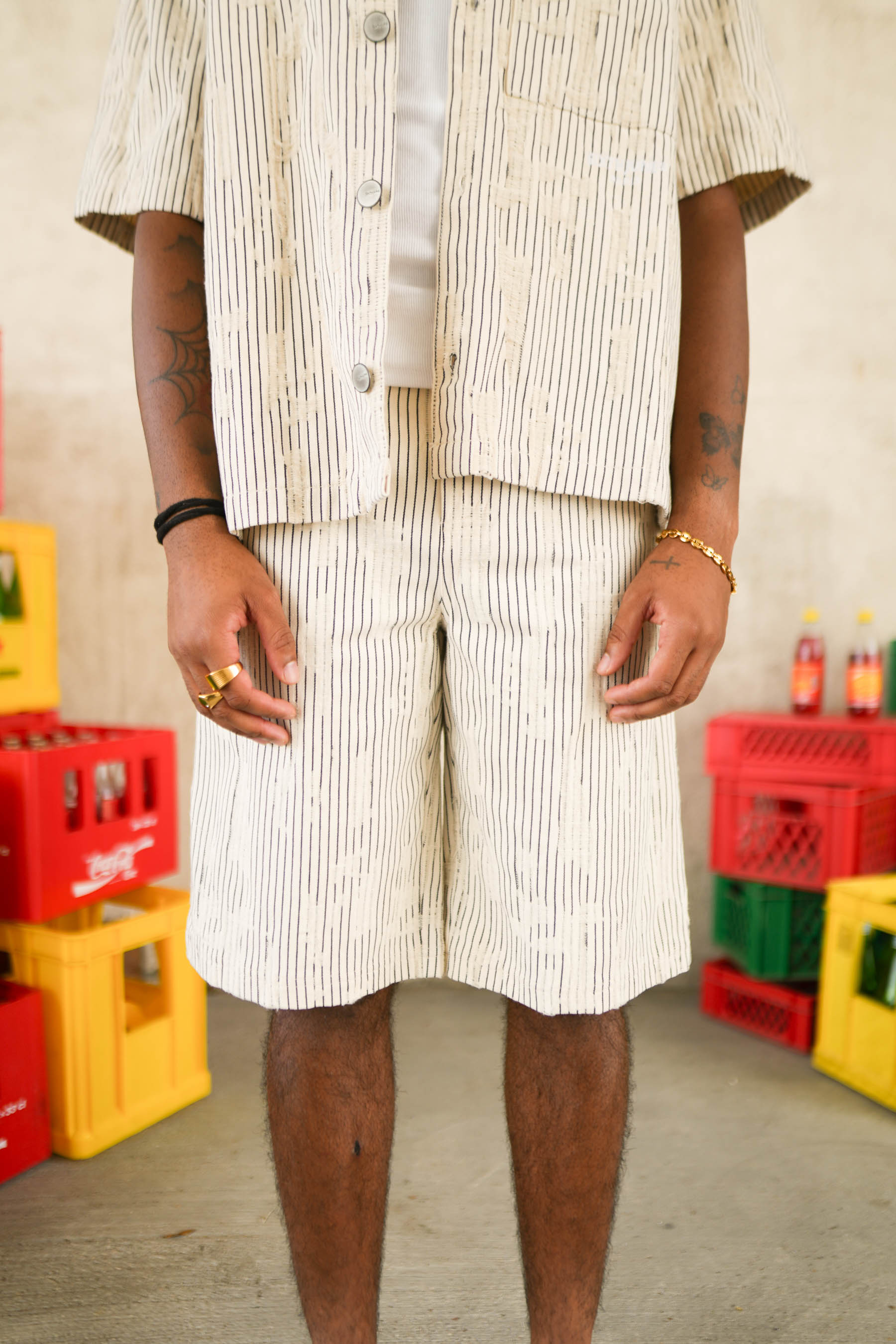 Baggy Stripes Denim Distressed Shorts 25987-BEIG