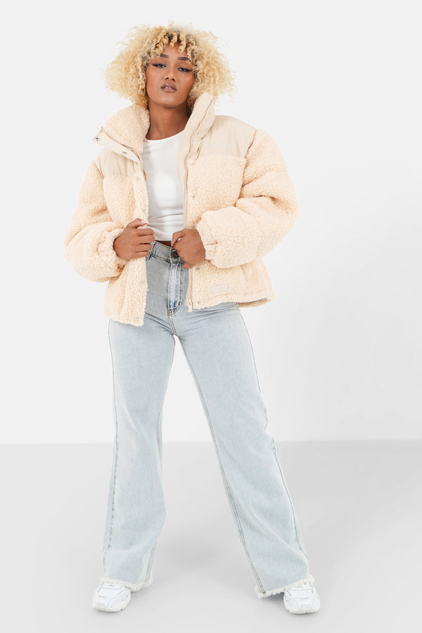 Bi material sherpa down jacket Beige