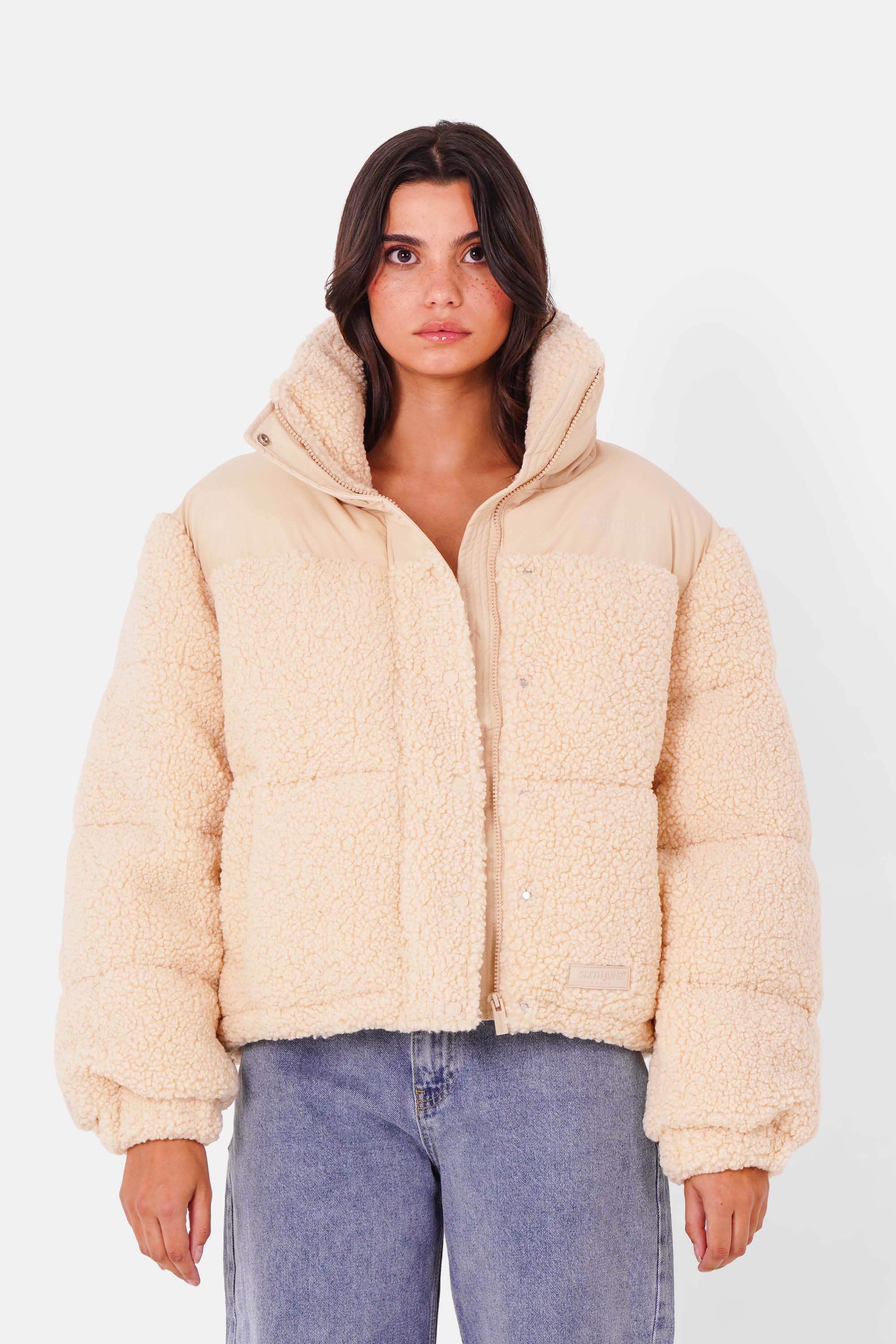 Bi material sherpa down jacket Beige