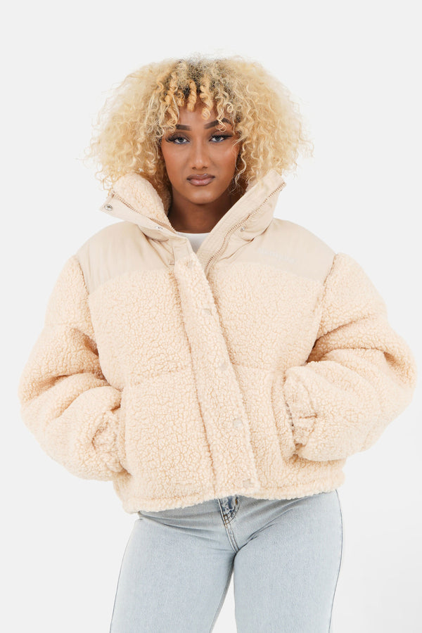 Bi material sherpa down jacket Beige
