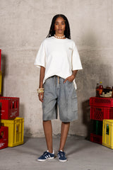 Baggy Washed Denim Cargo Shorts 34808-GREY