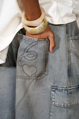 Baggy Washed Denim Cargo Shorts 34808-GREY