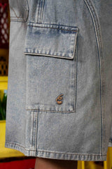 Baggy Washed Denim Cargo Shorts 34808-GREY