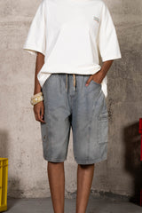 Baggy Washed Denim Cargo Shorts 34808-GREY