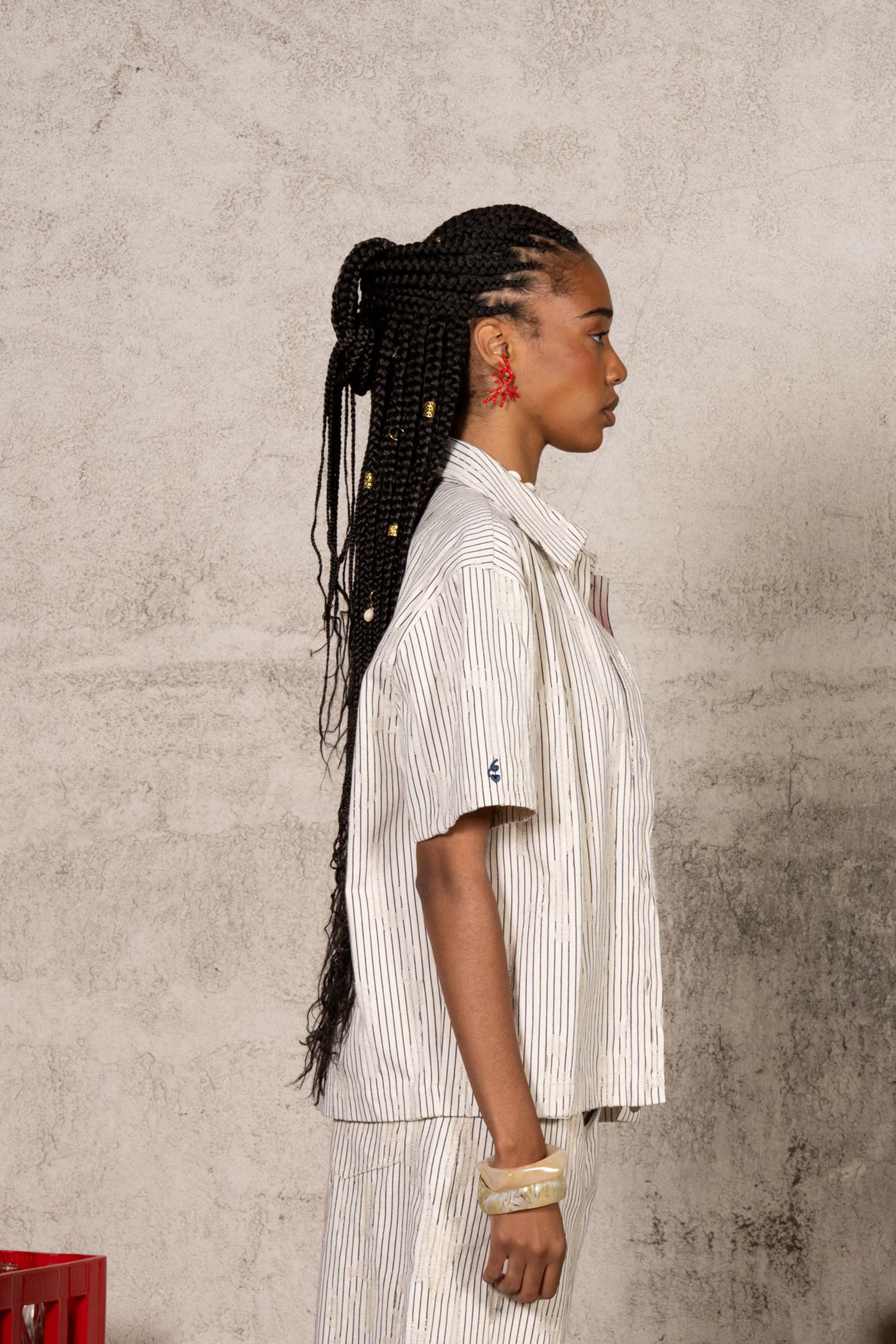 Oversize Stripes Denim Distressed Shirt 34855-BEIG