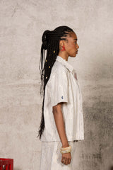 Oversize Stripes Denim Distressed Shirt 34855-BEIG