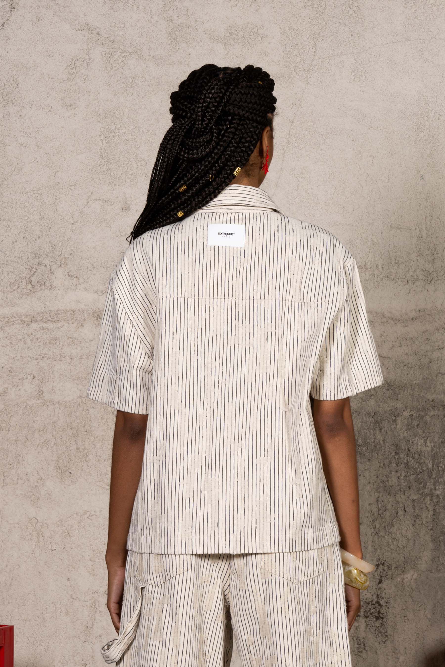 Oversize Stripes Denim Distressed Shirt 34855-BEIG