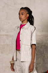 Oversize Stripes Denim Distressed Shirt 34855-BEIG