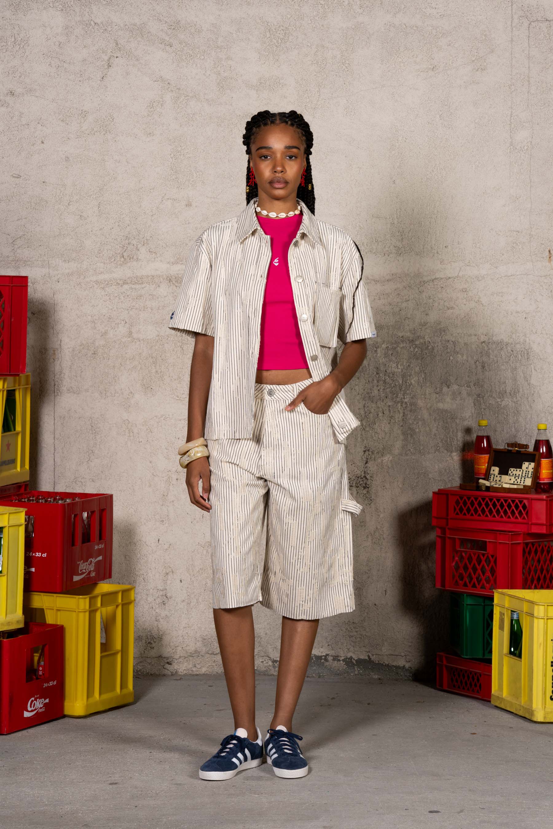 Oversize Stripes Denim Distressed Shirt 34855-BEIG