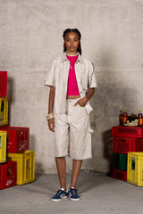 Oversize Stripes Denim Distressed Shirt 34855-BEIG