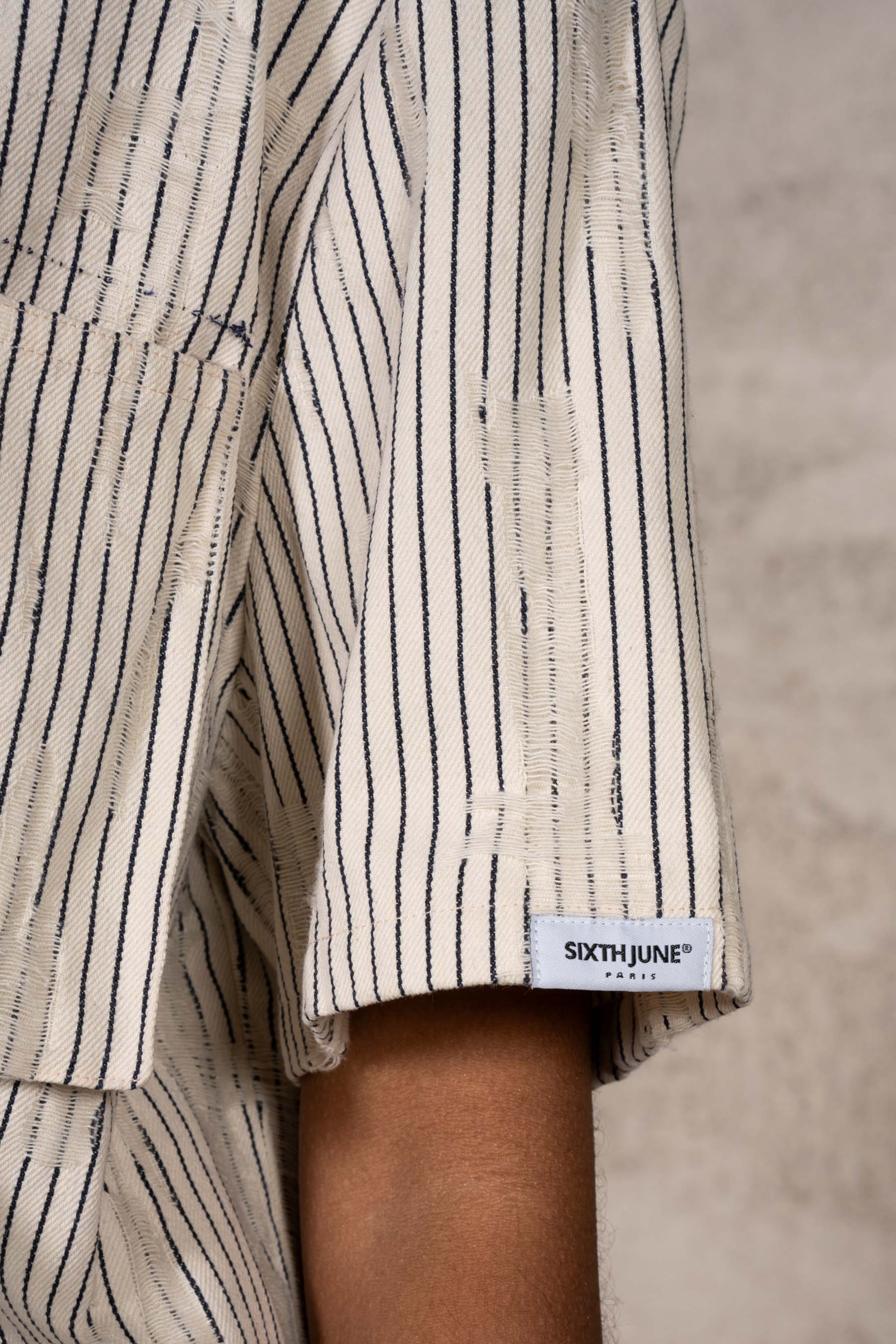 Oversize Stripes Denim Distressed Shirt 34855-BEIG