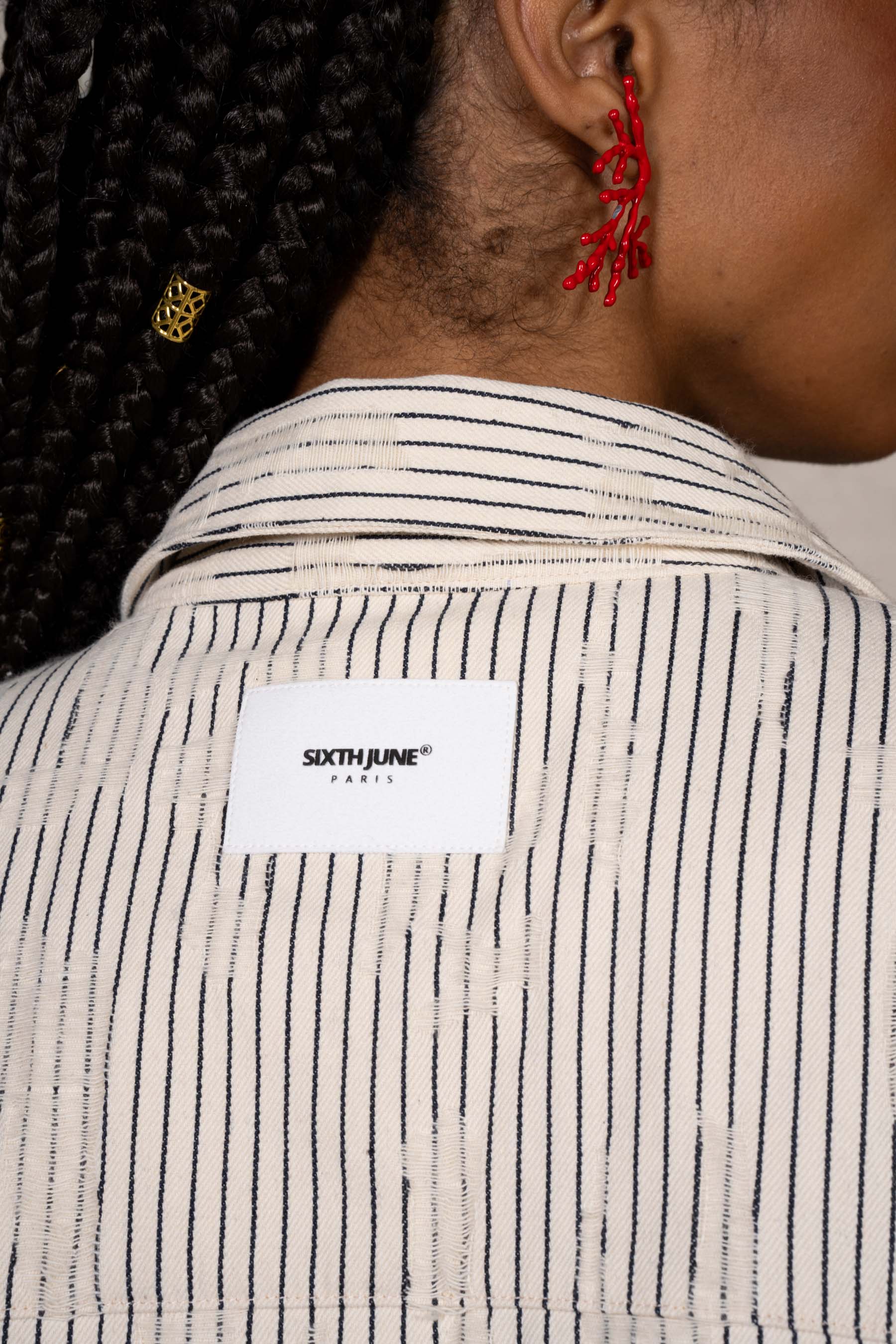 Oversize Stripes Denim Distressed Shirt 34855-BEIG