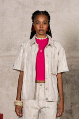 Oversize Stripes Denim Distressed Shirt 34855-BEIG